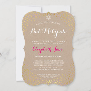 Invitation ELEGANT BAT MITZVAH rustique confetti kraft en or