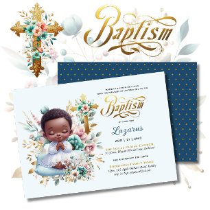 Invitation Elégant BAUTIZO Black Baby Turquoise Gold Floral