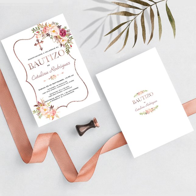 Invitation Élégant Bautizo Con Flores Rose Gold Girl Baptism (Créateur téléchargé)
