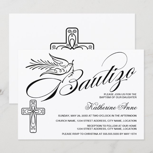 Invitation Élégant Bautizo Écriture Vintage Croix et Colombe (Devant / Derrière)