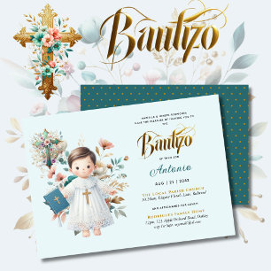 Invitation Elégant BAUTIZO Turquoise Blue Gold Floral Cross
