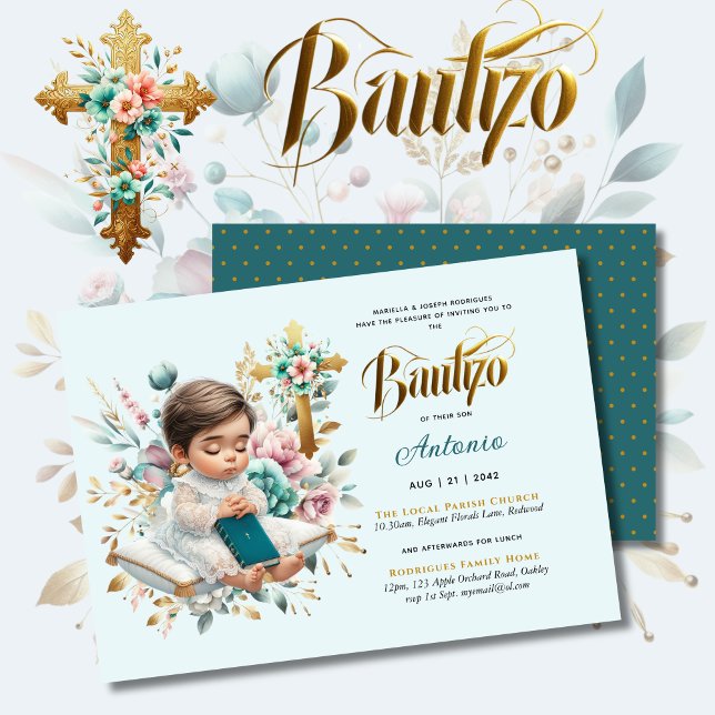 Invitation Elégant BAUTIZO Turquoise Gold Floral Cross (Créateur téléchargé)