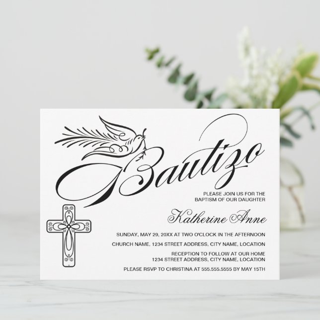 Invitation Elégant Bautizo Vintage Script Cross et Dove (Debout devant)