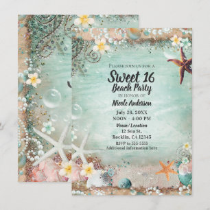 Invitation Elégant Beach Sea Starfish & Pearls Sweet 16 Party
