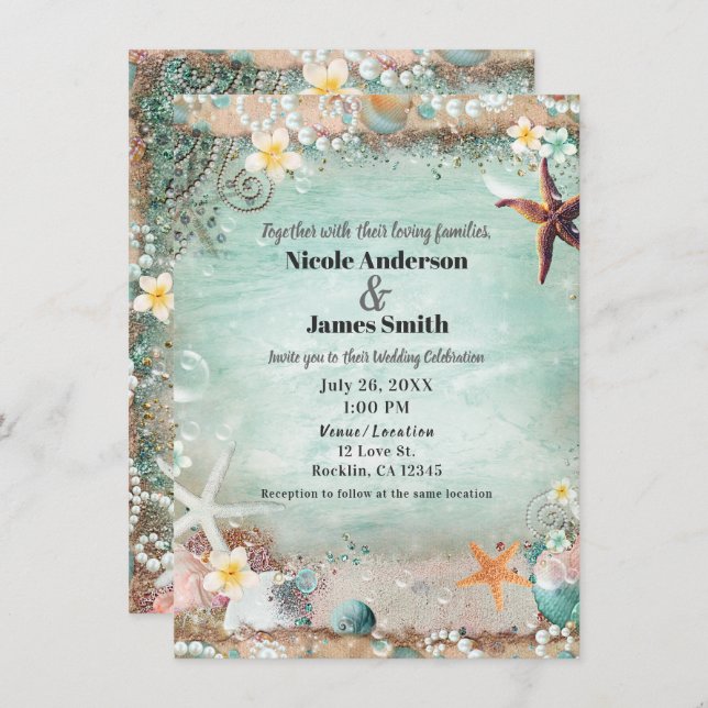 Invitation Elegant Beach Sebastian & Pearls Mariage Photo (Devant / Derrière)