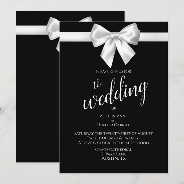 Invitation Elégant Beau Noir Blanc Joli Mariage (Devant / Derrière)