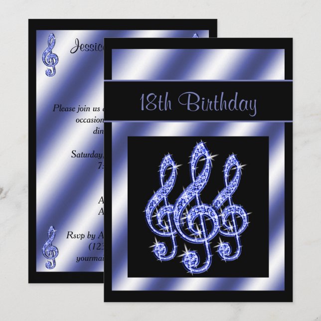 Invitation Elégant, Beaux Clefs de Sol Bleus 18ème Anniversai (Devant / Derrière)