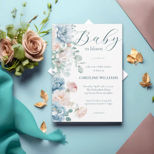 Invitation Elégant Bébé bleu Dusty dans Baby shower Fille Fle