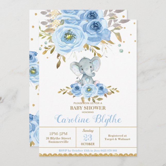 Invitation Elégant bébé bleu Floral Elephant Baby shower garç (Devant / Derrière)