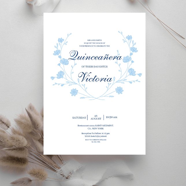 Invitation Elégant bébé bleu floral Quinceanera (Créateur téléchargé)
