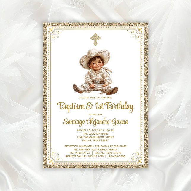 Invitation Elégant Bébé d'or Charro Baptême & Anniversaire (Cute baby charro baptism invitation. You can change all text as needed for your event. )