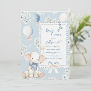 Invitation Élégant bébé éléphant floral bleu avec ballons