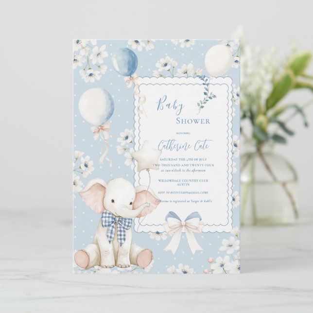 Invitation Élégant bébé éléphant floral bleu avec ballons (Debout devant)