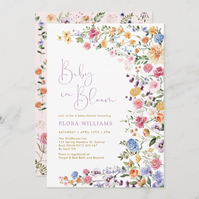 Invitation Elégant bébé en fleurs Baby shower Fleur sauvage (Devant / Derrière)