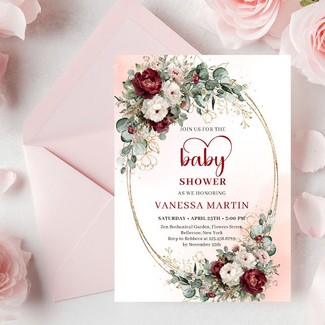 Invitation Élégant bébé fleurs de Bourgogne en forme de cœur  (Elegant Burgundy Floral Heart-Shaped Font Baby Shower Invitation)