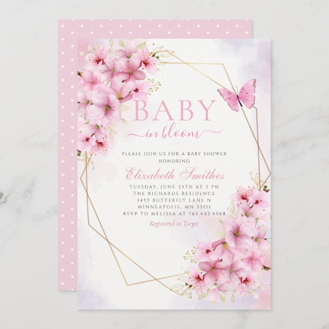 Invitation Élégant bébé rose en fleur Script Baby shower fill (Devant / Derrière)