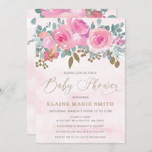 Invitation Élégant bébé rose floral dans le Baby shower en fl