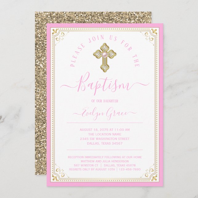 Invitation Élégant Bébé rose Lumière Or Girl Baptême (Devant / Derrière)