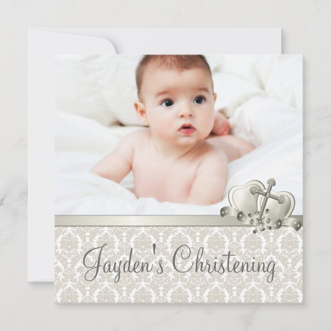 Invitation Elégant Beige Damask Boys Photo Christening (Devant)