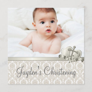 Invitation Elégant Beige Damask Boys Photo Christening