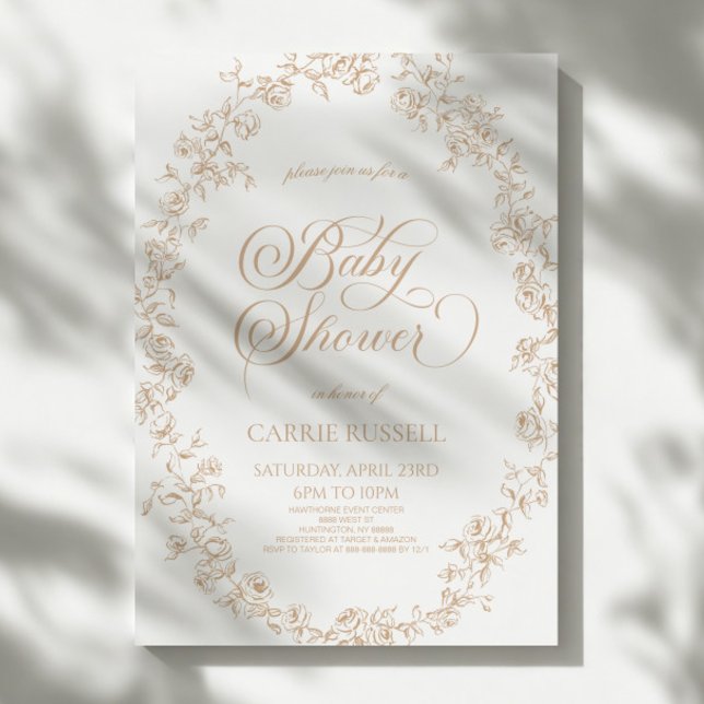 Invitation Elegant Beige Floral Roses Line Art Baby Shower (Créateur téléchargé)