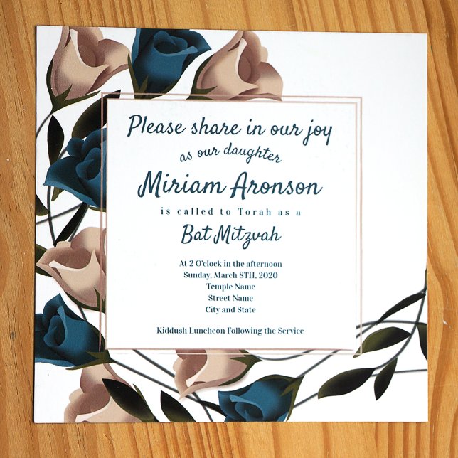 Invitation Elégant Beige Turquoise Rose Bat mitzvah Invitatio (Teal and beige roses botanical bat mitzvah invitation)