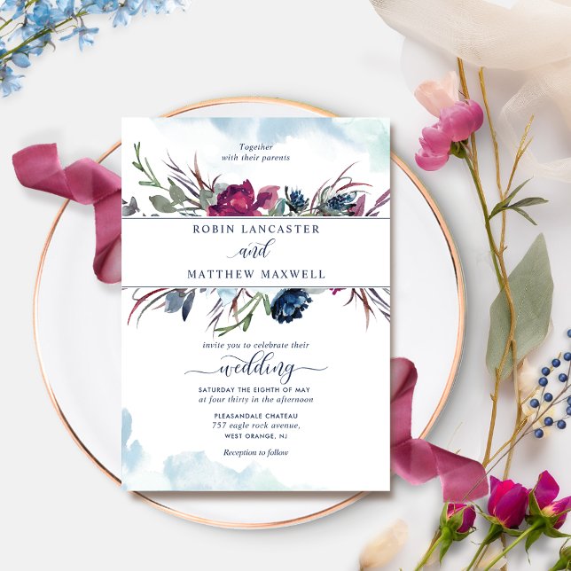 Invitation Elégant Berry Blue Floral et Mariage d'aquarelle (Créateur téléchargé)