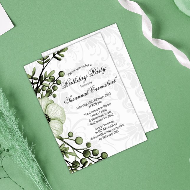 Invitation Elégant Berry Vert Floral Wreath Damask Anniversai (Créateur téléchargé)
