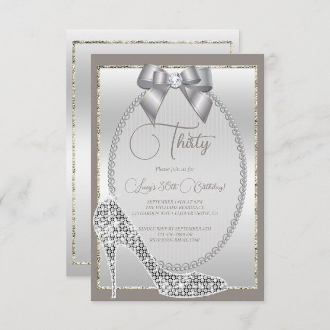 Invitation Elégant bijou d'argent Bow & Stiletto Anniversaire (Devant / Derrière)