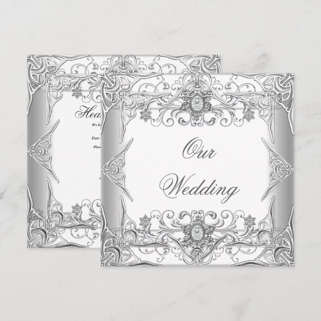 Invitation Élégant Bijou de Diamant Blanc Argent Mariage (Devant / Derrière)