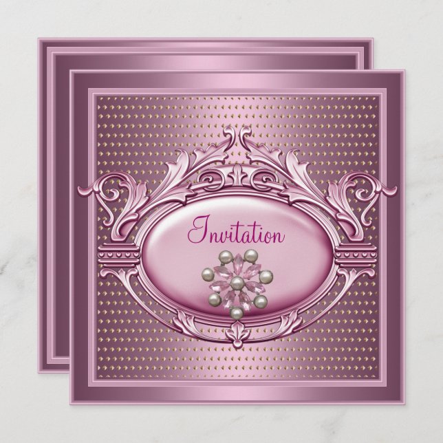 Invitation Élégant Bijou de Perle Rose en Satin pour Fête d'A (Devant / Derrière)