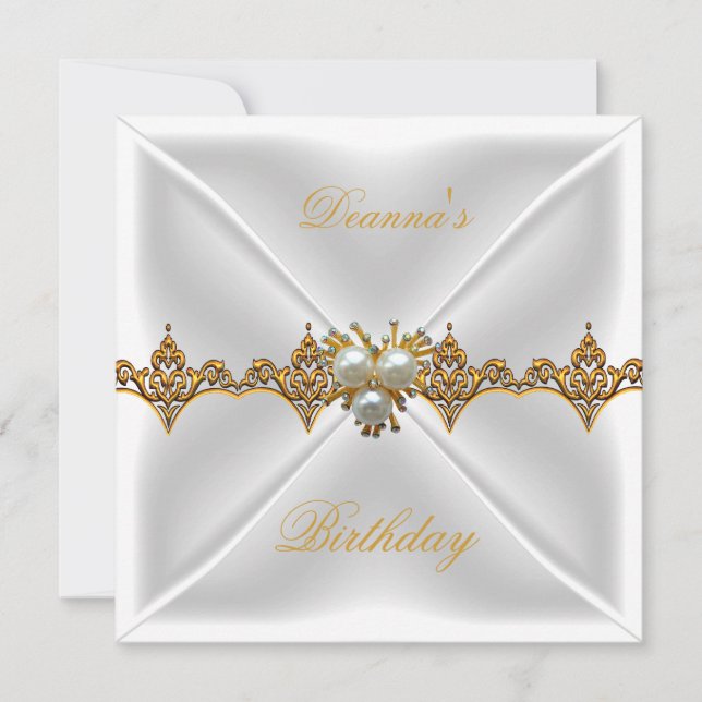 Invitation Elégant Bijou Or Anniversaire Soie Blanche (Devant)