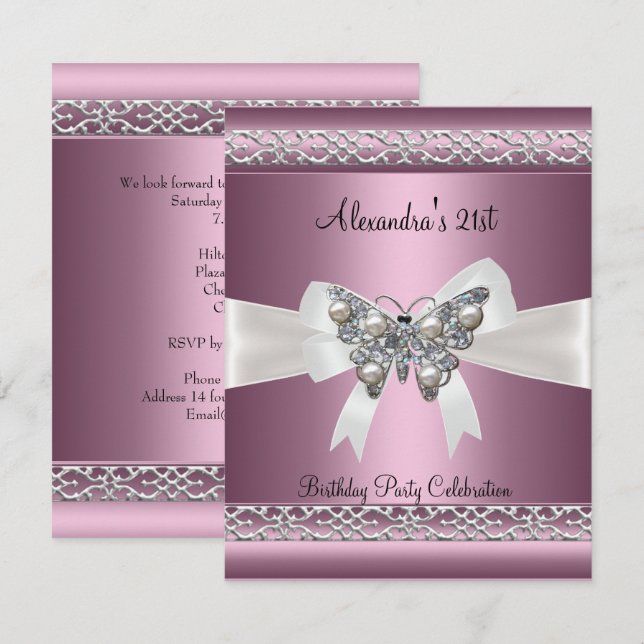 Invitation Élégant bijou papillon satin rose pour 21e anniver (Devant / Derrière)