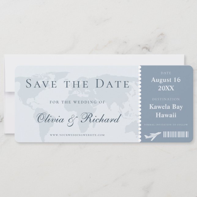 Invitation Élégant Billet Bleu Poussiéreux Save the Date (Devant)