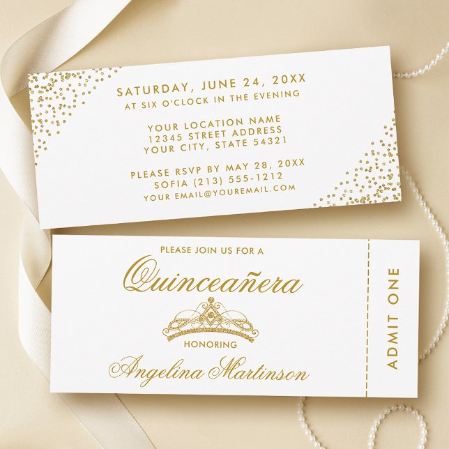 Invitation Elégant billet or et blanc Quinceanera (Customize to change text style or text size.)