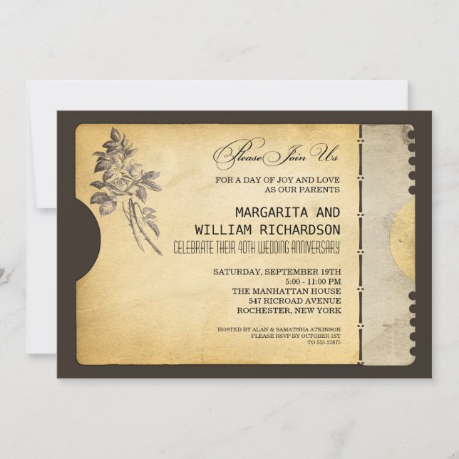 Invitation élégant billet vintage mariage anniversaire (Devant)