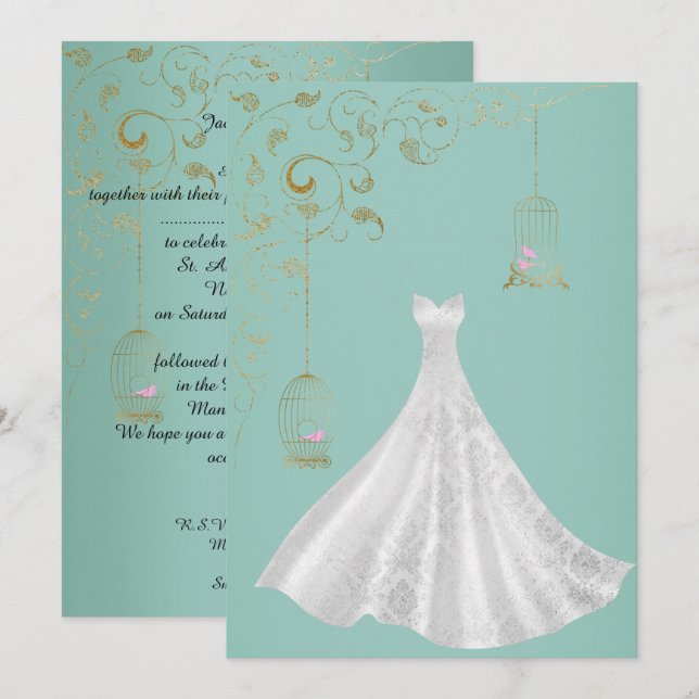 Invitation ELÉGANT Birdcage Robe Mariage simple Vert (Devant / Derrière)