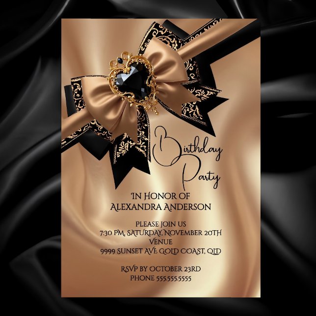 Invitation Elegant Birthday Coffee Gold Black Brocade Bow Gem (Créateur téléchargé)