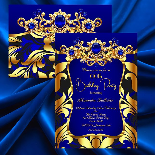 Invitation Elegant Birthday Party Blue Gold Black Damask Gems (Créateur téléchargé)