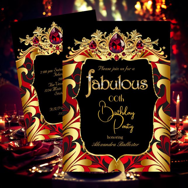 Invitation Elegant Birthday Party Red Gold Black Damask Gems (Créateur téléchargé)