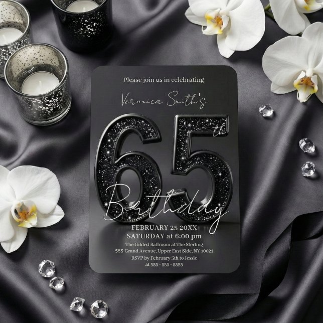 Invitation Elegant Black 3D Glitter Sparkle 65th Birthday (Créateur téléchargé)