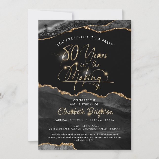 Invitation Élégant Black Agate Gold Script 80e anniversaire (Devant)