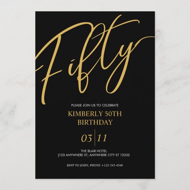 Invitation Elegant Black and Gold 50th Birthday Party (Devant)