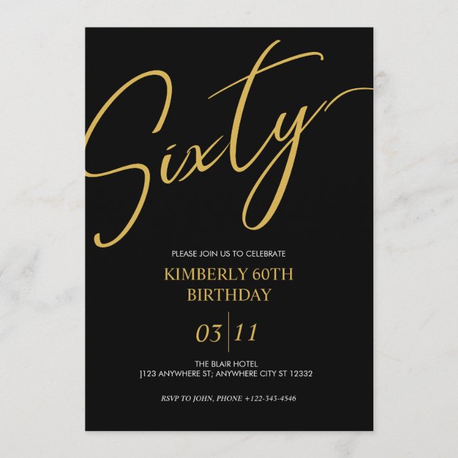 Invitation Elegant Black and Gold 60th Birthday Party (Devant)