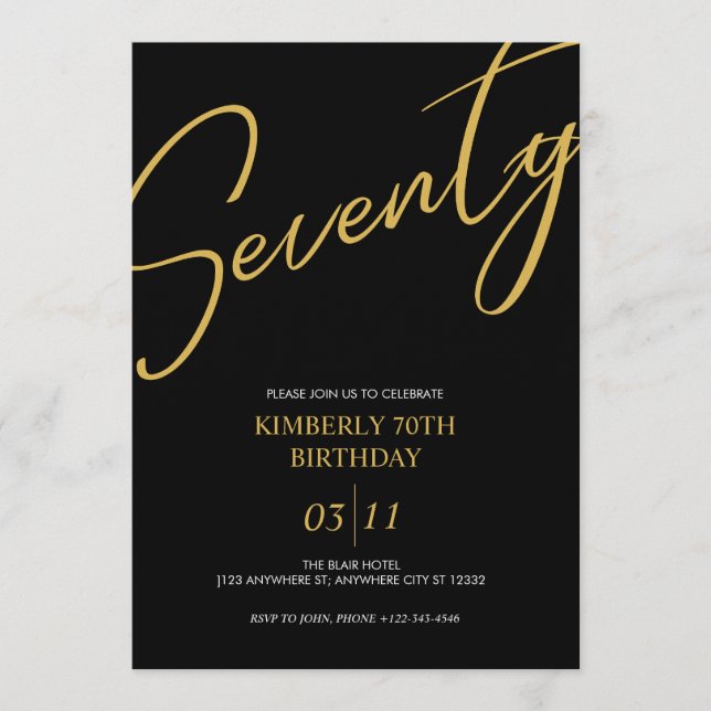 Invitation Elegant Black and Gold 70th Birthday Party (Devant)
