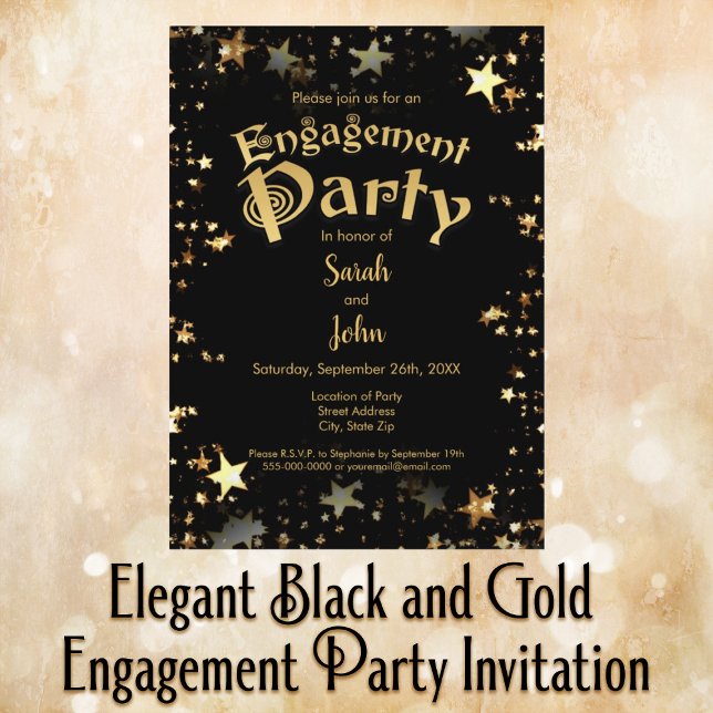 Invitation Élégant Black and Gold Engagement Party (Créateur téléchargé)