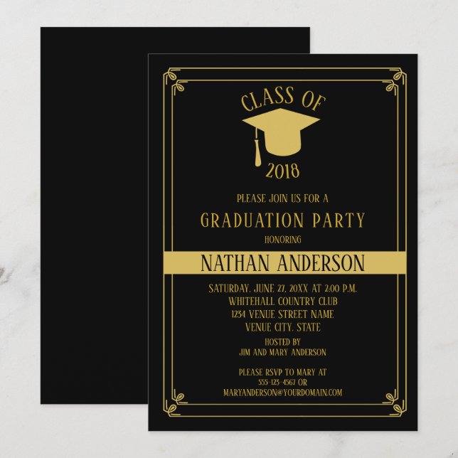 Invitation Élégant Black and Gold Frame Graduation Party | (Devant / Derrière)