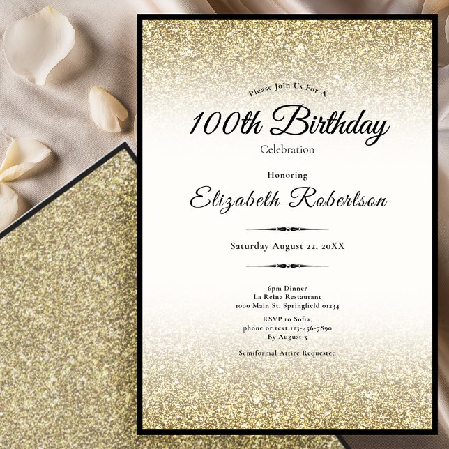 Invitation Elegant Black and Gold Glitter 100th Birthday  (Créateur téléchargé)