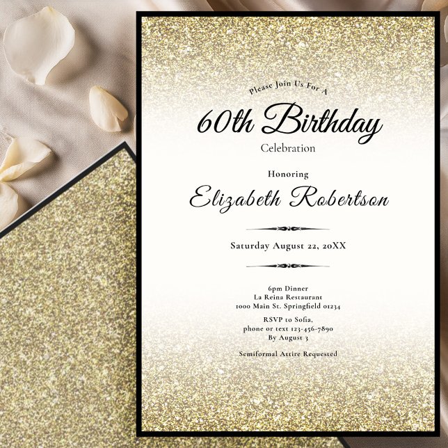 Invitation Elegant Black and Gold Glitter 60th Birthday  (Créateur téléchargé)