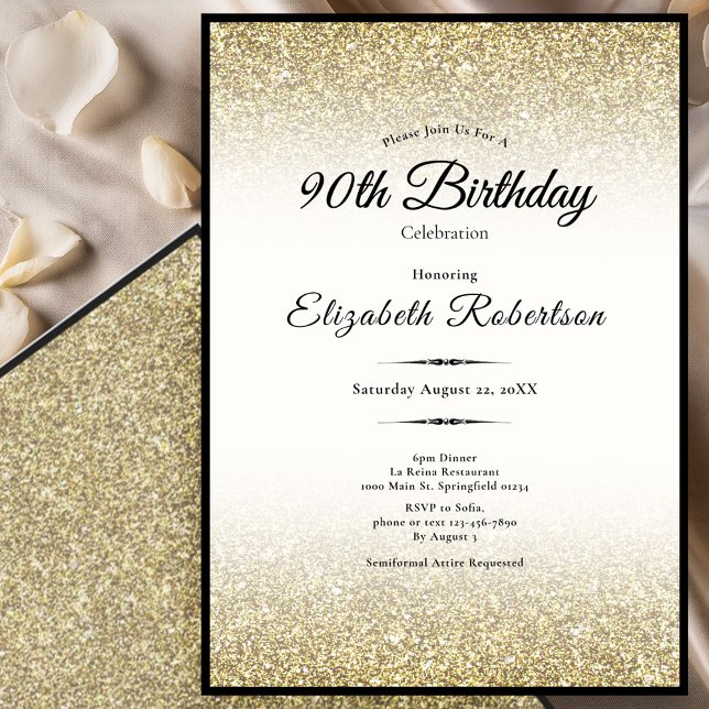 Invitation Elegant Black and Gold Glitter 90th Birthday  (Créateur téléchargé)